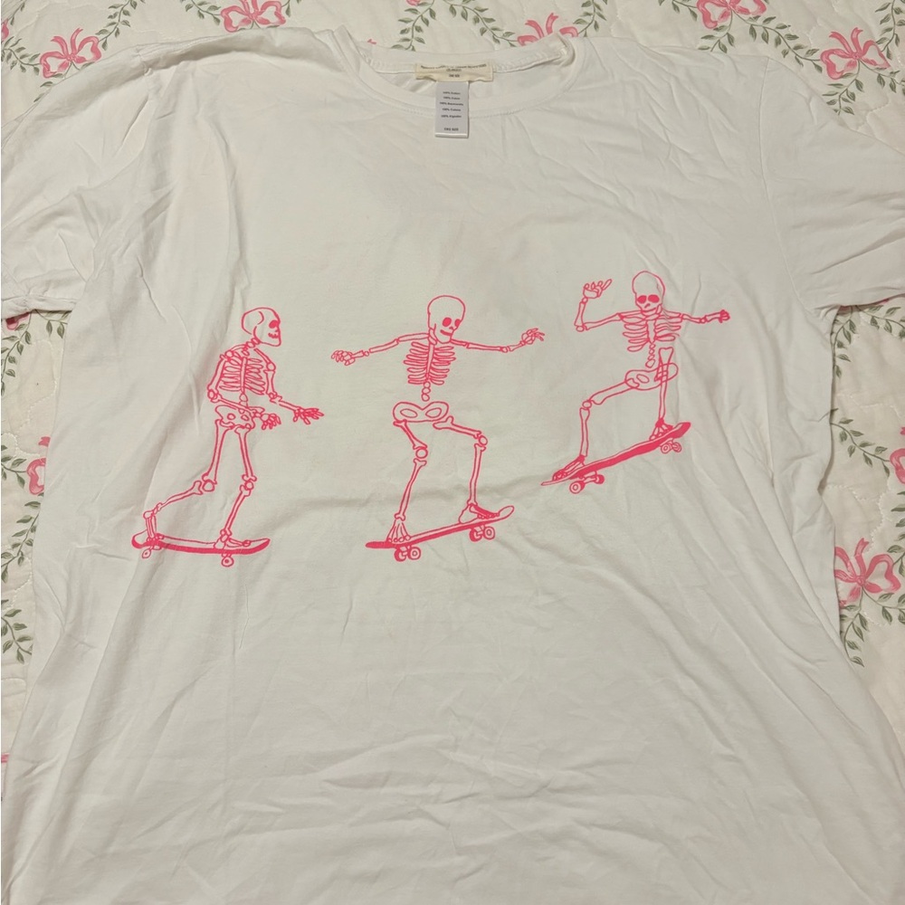 Project Social T White Tee with Pink Skeleton Skateboard Design
